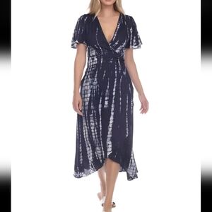 Raviya, Swim Navy and White Tie-Dye Wrap Midi Dress Size M NWTs